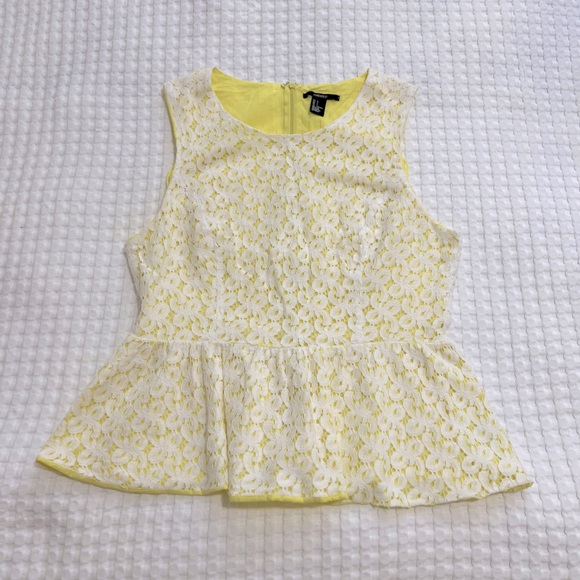 Forever 21 Yellow/White Lace Sleeveless Peplum Top - Picture 1 of 9